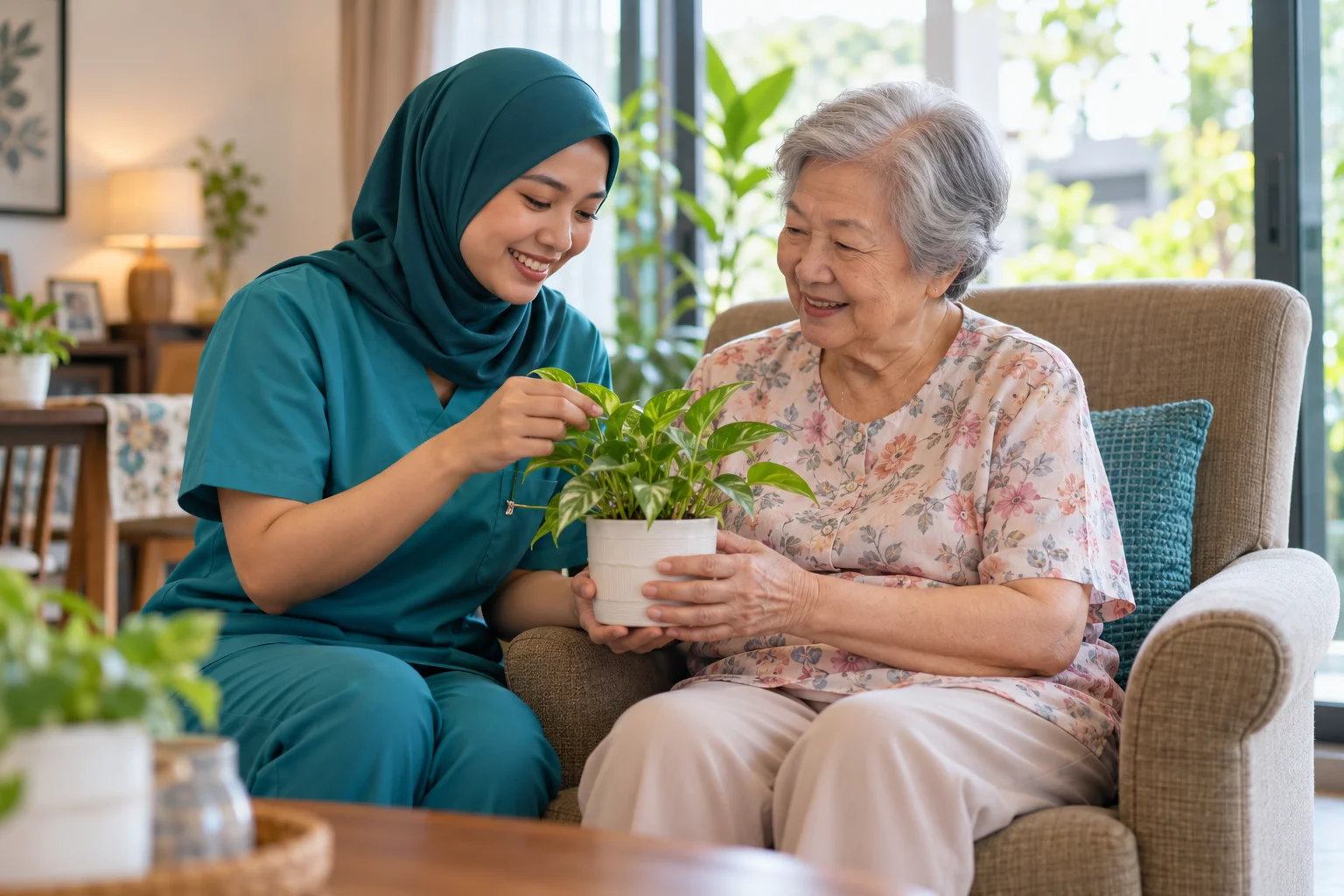 Illustrative scene of a caregiver and an older woman enjoying companionship