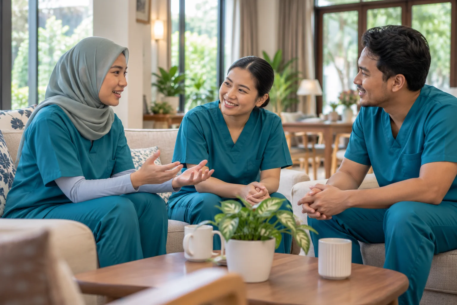 Illustrative scene of caregivers sharing a friendly team conversation