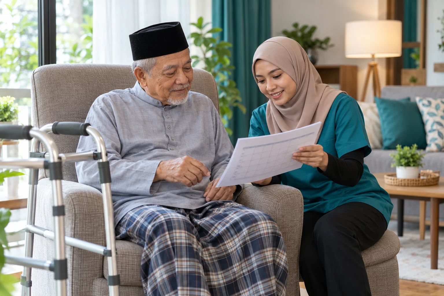 Illustrative scene of an older man reviewing a daily care schedule with a caregiver