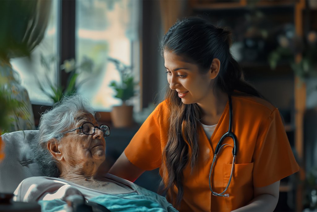 Caregiver supporting an elderly resident at home