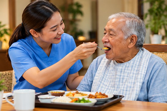 Caregiver assisting an elderly resident at mealtime
