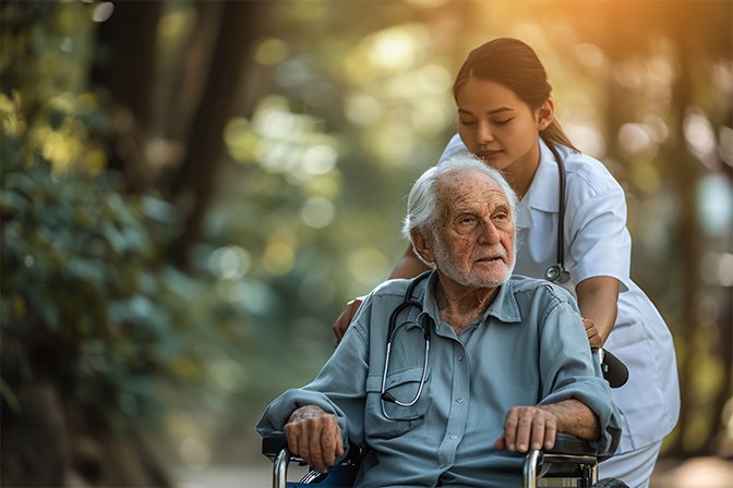 Caregiver accompanying an elderly wheelchair user outdoors