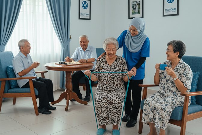 Elderly residents taking part in a group activity