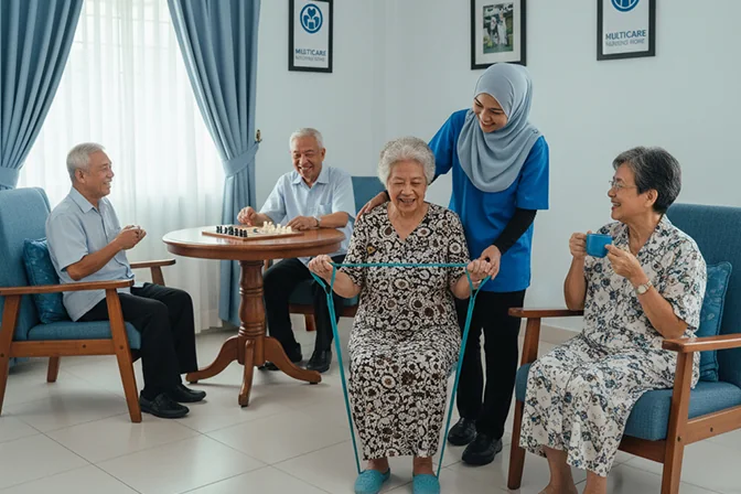 Elderly residents taking part in a group activity