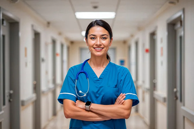Nurse standing in a care facility corridor