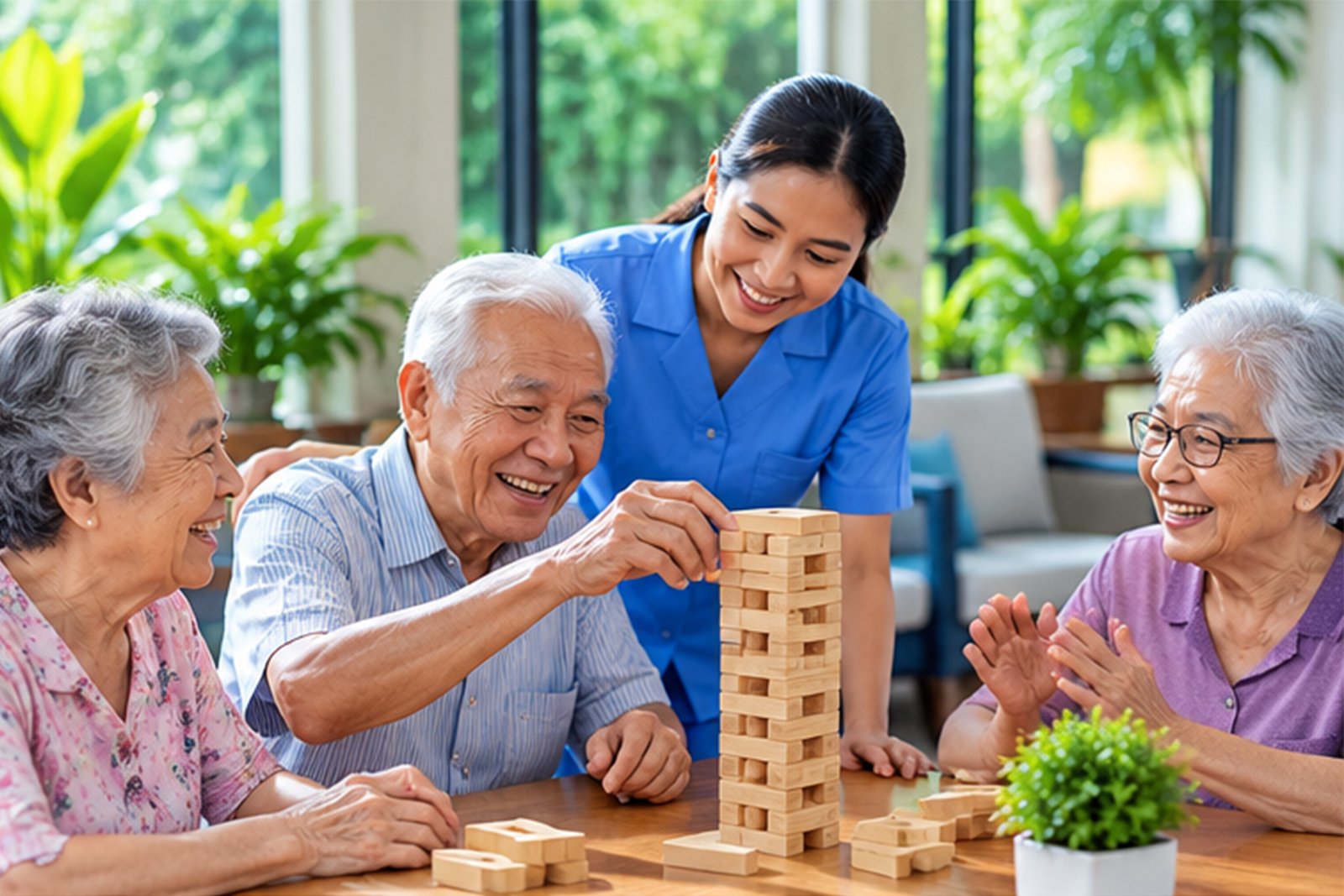 Caregiver and elderly residents enjoying a tabletop activity