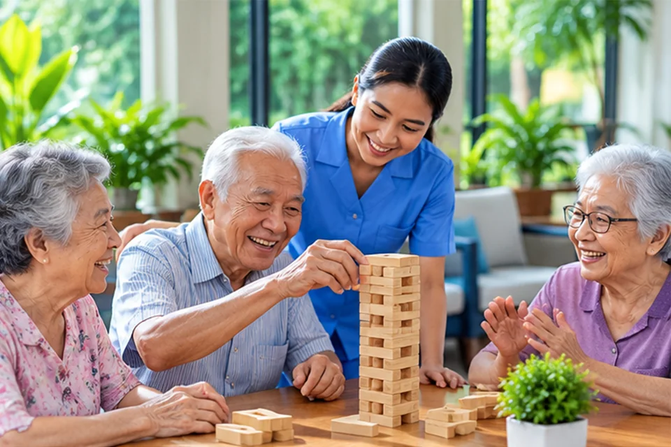 Caregiver and elderly residents enjoying a tabletop activity